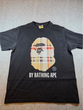 A Bathing Ape Black T-Shirt with Plaid Ape Head Graphic, Size M